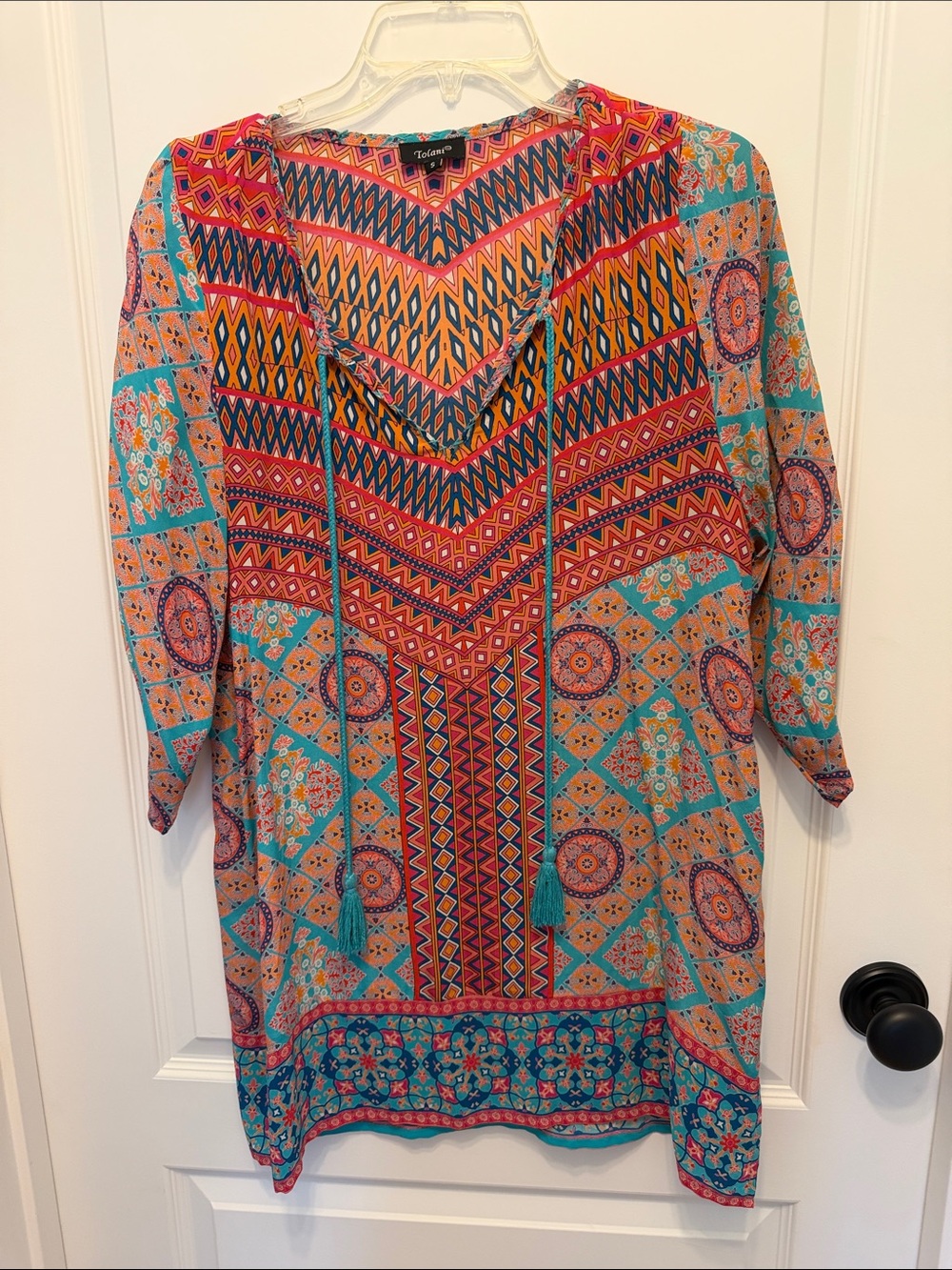 Tolani Multicolor Geometric & Medallion V-Neck 3/4 Sleeve Blouse Tunic